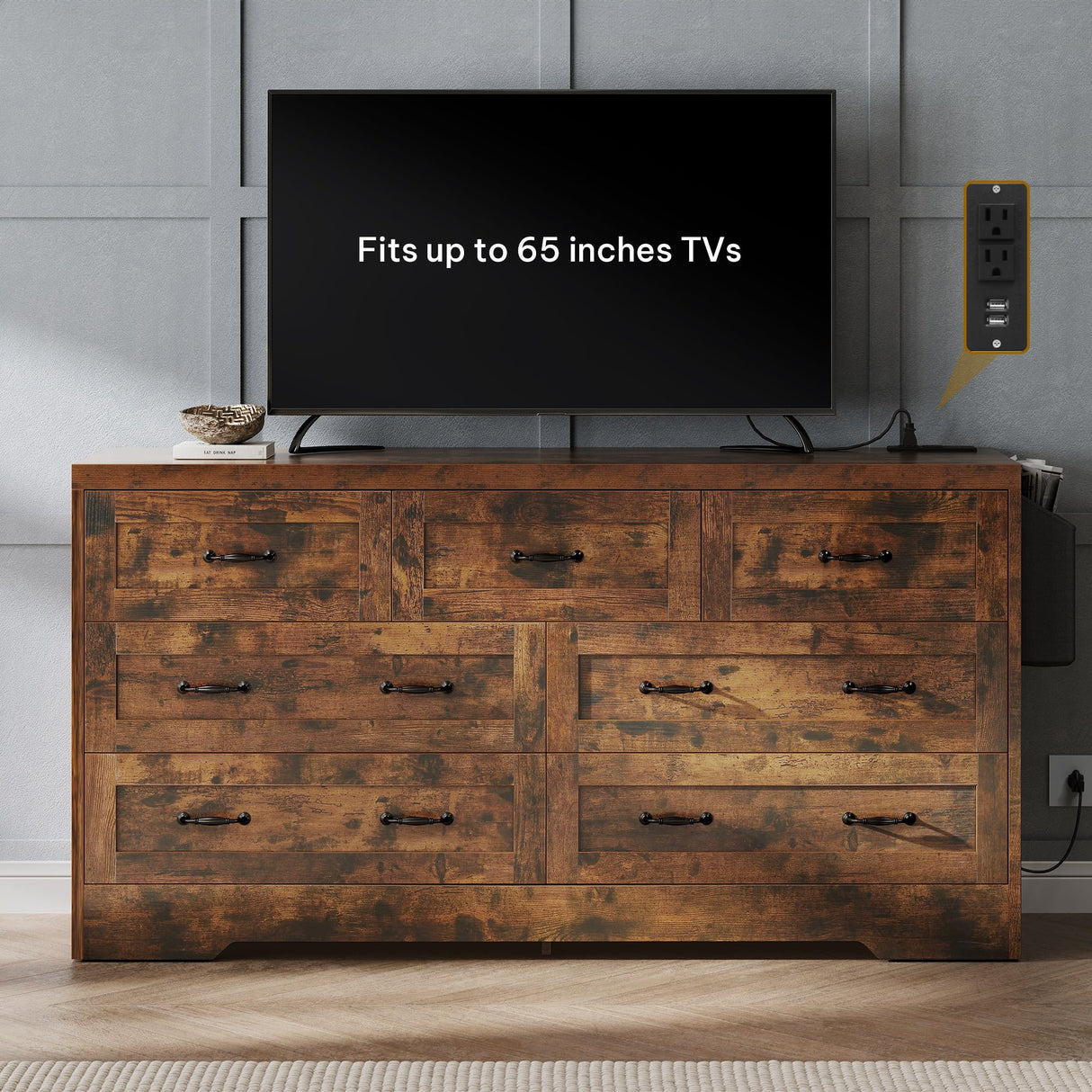 YITAHOME Rustic Brown Drawers TV Stand for 65 inches with Power Outlets -Chest of Drawers Dresser with Side Organizer Bag Entertainment Center TV Console YITAHOME