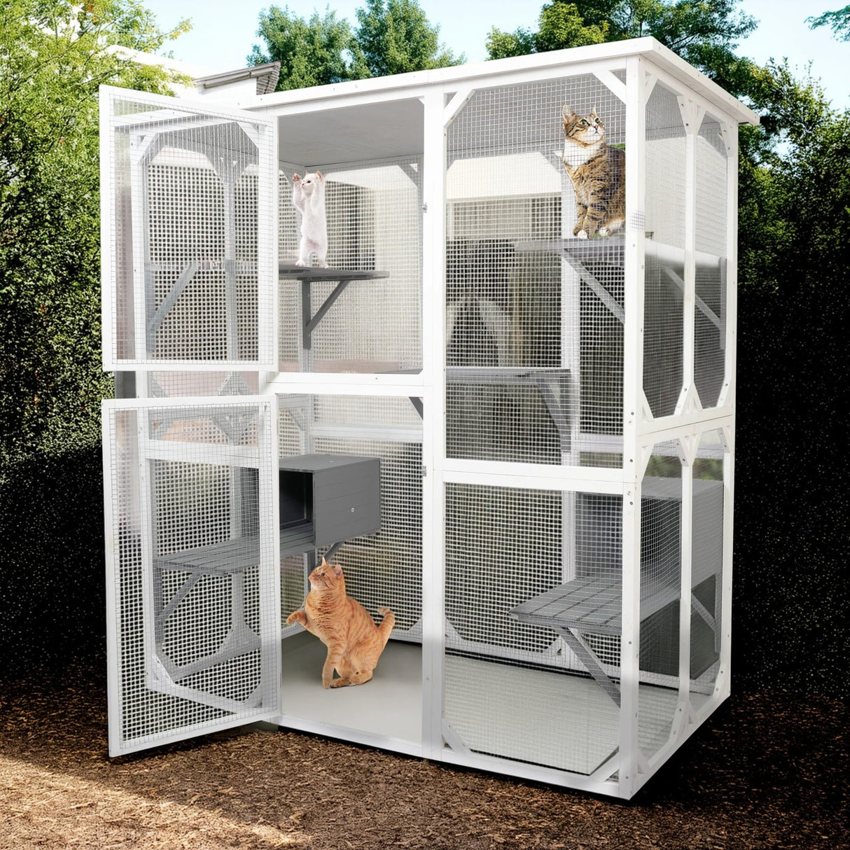 LINKHOO 71" Large Wooden Catio Outdoor Cat Enclosure with Perches and Condos, Cat House Indoor w/Waterproof Roof, 5 Platforms & 2 Resting Box, UV Resistant, Cat Shelter for Outside Patio, White LINKHOO