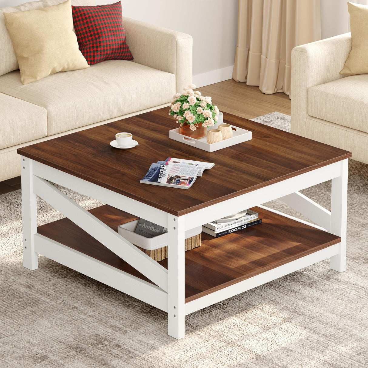 YITAHOME Farmhouse Coffee Table,Square Coffee Tables for Living Room,White Coffee Table with Storage,Wood Coffee Table with Sturdy Shelves,White YITAHOME