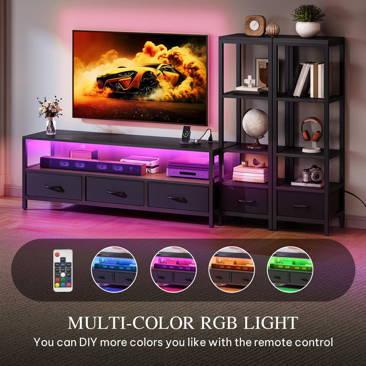 YITAHOME TV Stands for 65 inch TV Entertainment Center with 2 Industrial 4-Tier Bookshelves, LED TV Stands for Living Room, Modern Farmhouse TV Console Cabinet with Power Outlets,Black YITAHOME