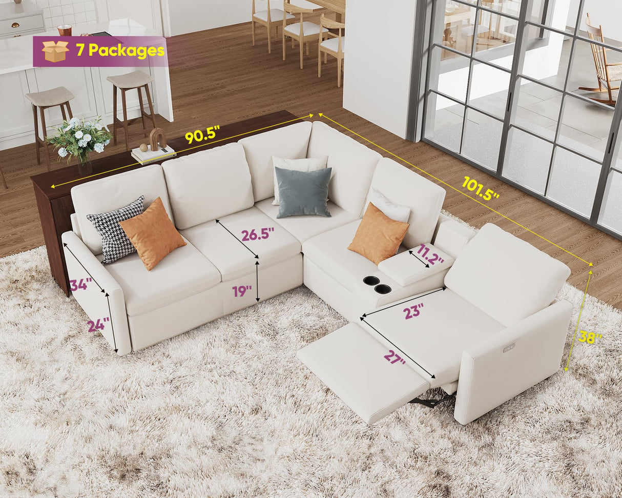 AMERLIFE Single Left Power Recliner, Reclining Sectional Couch with Console, 5 Seats L Shaped Anti-Scratch Leathaire Modular Couch with Cup Holder& USB Port, White AMERLIFE
