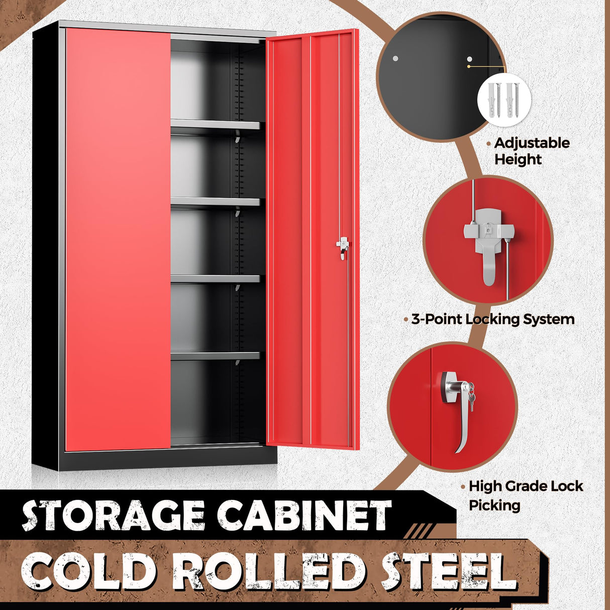 INTERGREAT Metal Lockable Storage Cabinet, 72” H Storage Cabinet with 2 Doors and 4 Adjustable Shelves for Office, Home, Garage, Pantry (Assembly Required, 18”D, Black Red) INTERGREAT