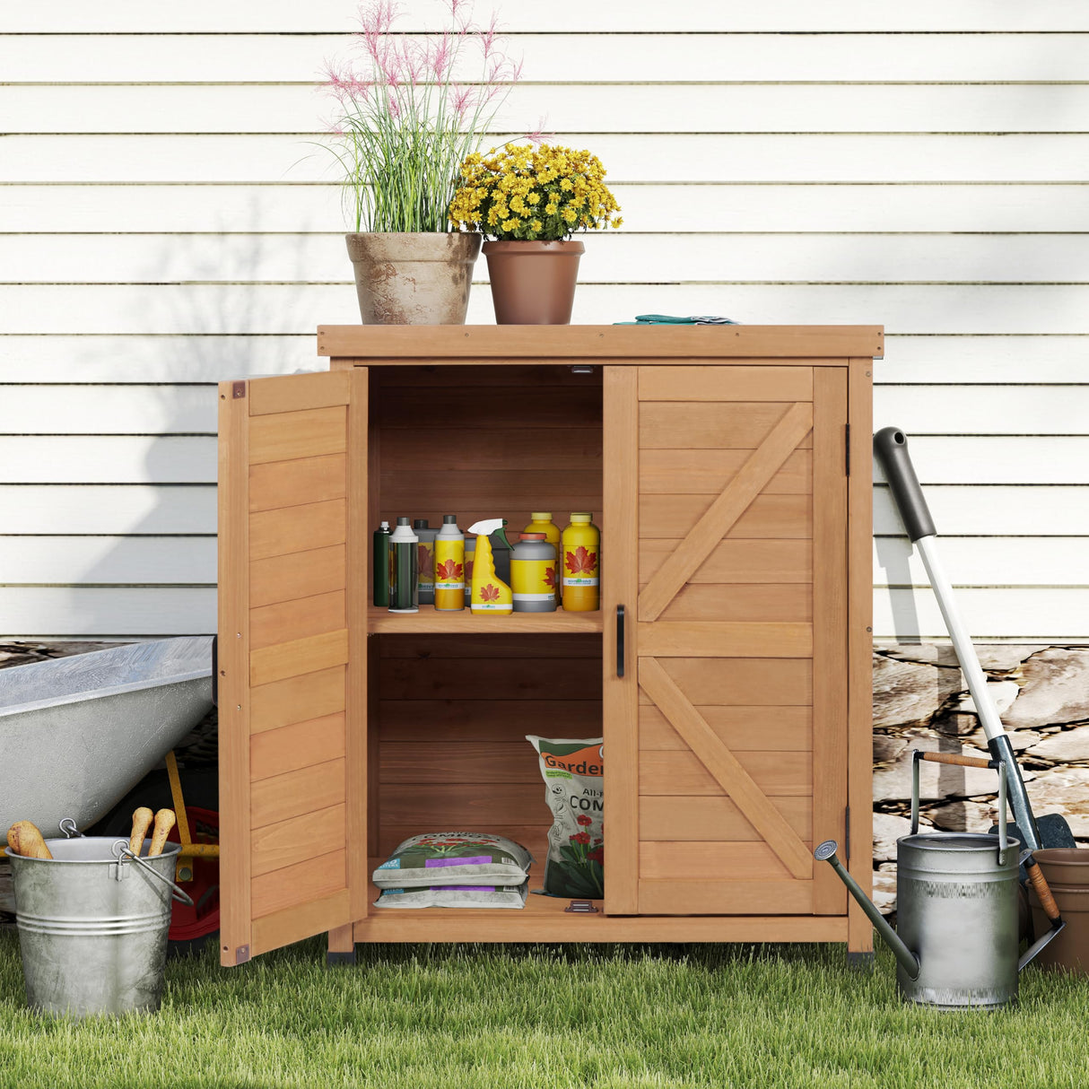 Potting Bench with Storage Cabinet and Metal Table Top for Outdoor Patio, Garden Furniture Wood Workstation Mederla