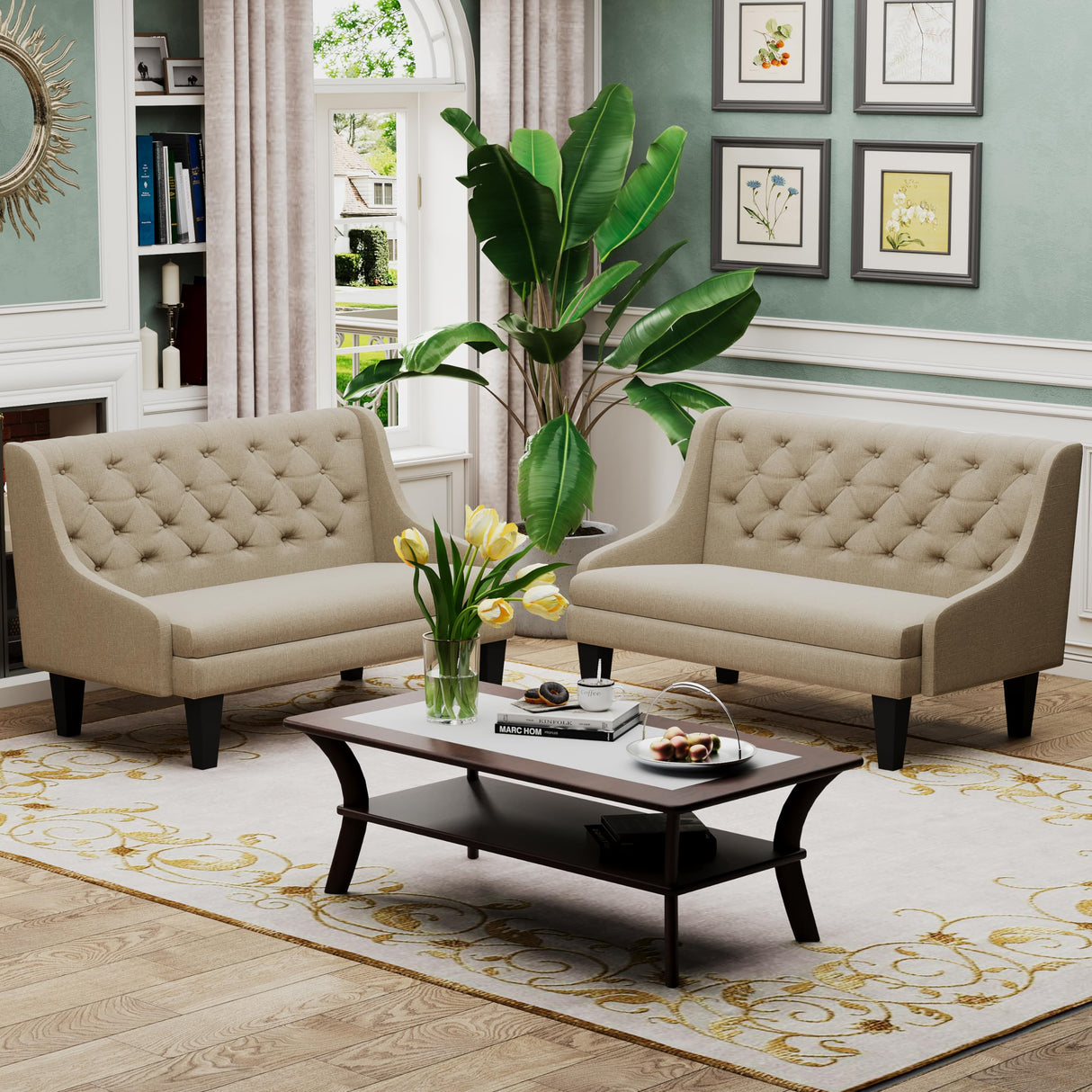 Tongli 50" Small Modern Loveseat Settee Sofa Linen Fabric 2-Seat Sofa Couch Tufted Love Seat Dining Bench with Back Upholstered Banquette Sofas for Living Room Bedroom Small Space Entryway Tan Tongli