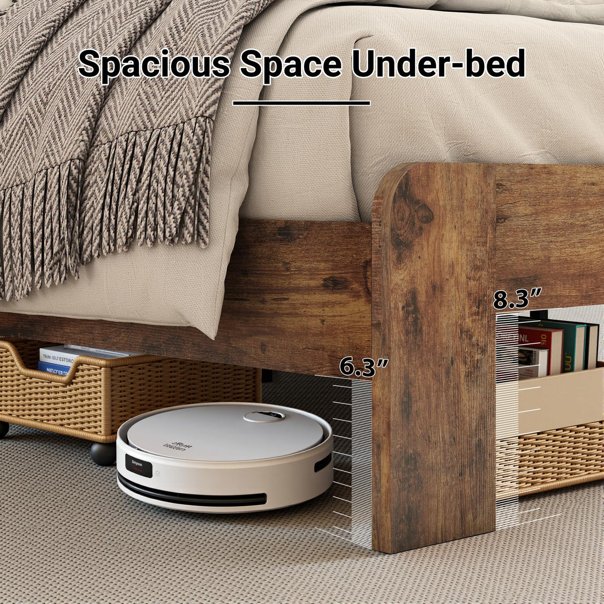 ivoros Wooden Queen Size Bed Frame with Storage Headboard, Rustic Farmhouse Platform Bed Frame Queen with Charging Station & LED Lights, 12 Wood Slats Support, No Box Spring Needed,Dark Brown ivoros