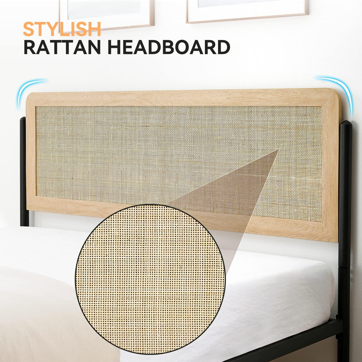 GAOMON Full Size Bed Frame with Natural Rattan Headboard and Wooden Footboard, Heavy Duty Metal Platform Bed Frame with Storage, Mattress Foundation Easy Assembly No Box Spring Needed, Rattan GAOMON