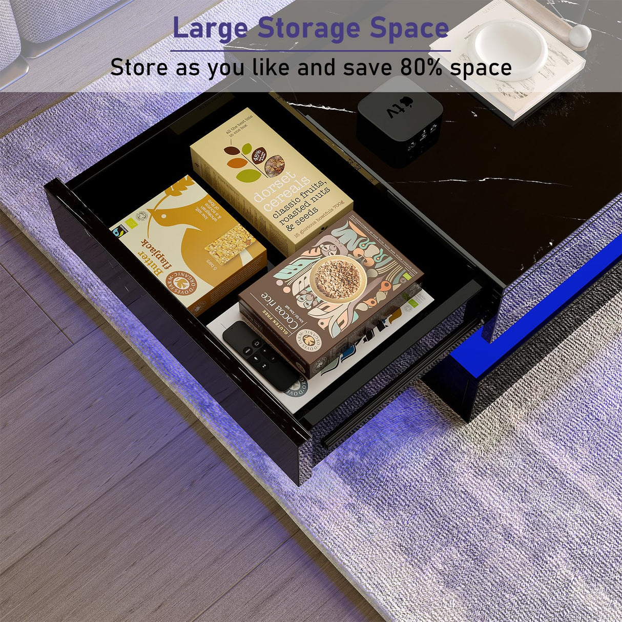 HOMFAMILIA LED Coffee Table with 2 Storage Drawers, Modern High Gloss Black Coffee Table w/20 Colors LED Lights, 2 Tiers Rectangle Center Table for Living Room with Marbling Print, APP Control, Black HOMFAMILIA