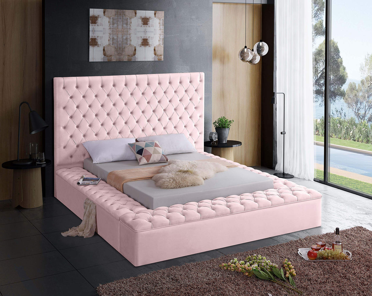 Meridian Furniture Bliss Collection Modern | Contemporary Velvet Upholstered Bed with Deep Button Tufting and Storage Compartments in Rails and Footboard, Pink, King Meridian Furniture
