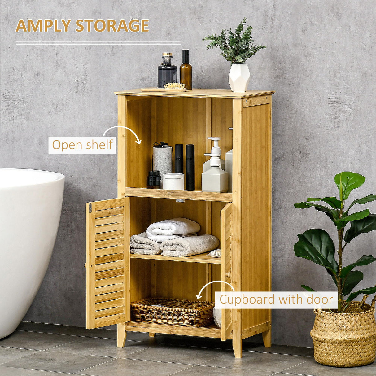 HOMCOM Bamboo Floor Cabinet Bathroom Floor Cabinet Living Room Organizer Tower with Multiple Shelves and Doors, Natural HOMCOM