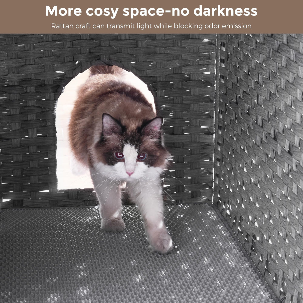 Cat Litter Box Enclosure with Litter Trapping Mat; Handwoven Plastic Rattan Cat House; No Installation Hidden Cat Washroom; Pet Crate for Balcony,Bedroom,Living Room Honiakaka