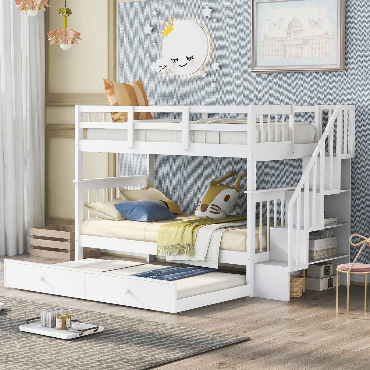 Harper & Bright Designs Twin Over Twin Bunk Bed with Stairs and Trundle, Solid Wood Stairway Bunk Bed Frame with Storage, for Kids Teens Adults – White Harper & Bright Designs