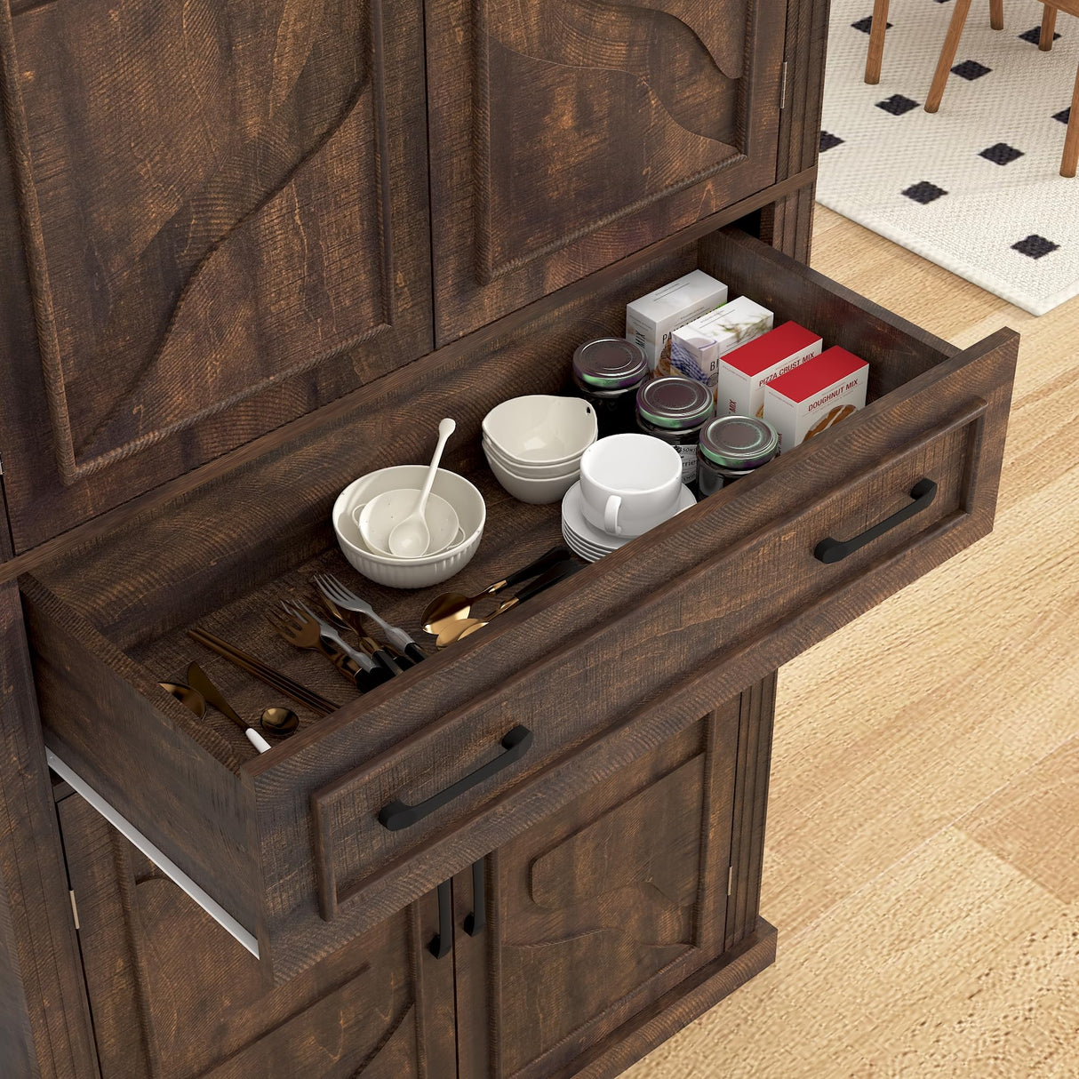 71" Tall Kitchen Pantry Cabinet with Doors and Drawer, Farmhouse Storage Cabinet with Adjustable Shelves, Rustic Wood Cupboard for Kitchen, Dining Room, Living Room, Brown chartustriable