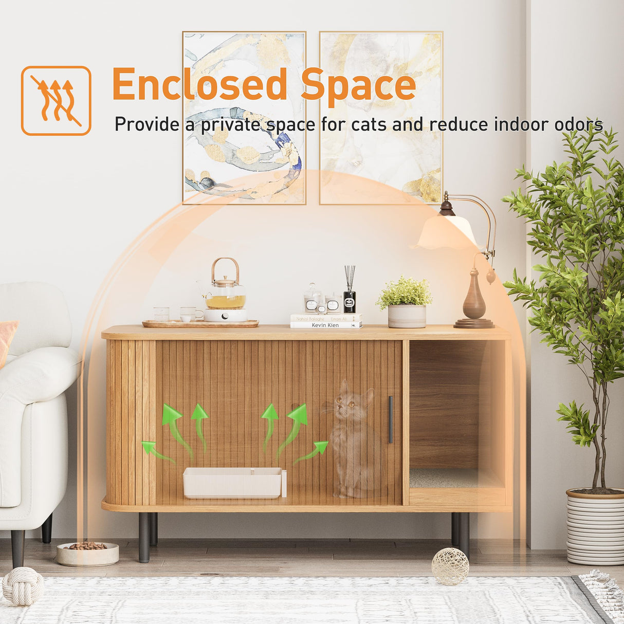 Cat Litter Box Enclosure with Cat Scratch Pad, Sliding Door, 37.4" Litter Box Enclosure Furniture Hidden Litter Box, Modern Indoor Cat House, TV Stand, Side End Table for Living Room, Natural Halitaa