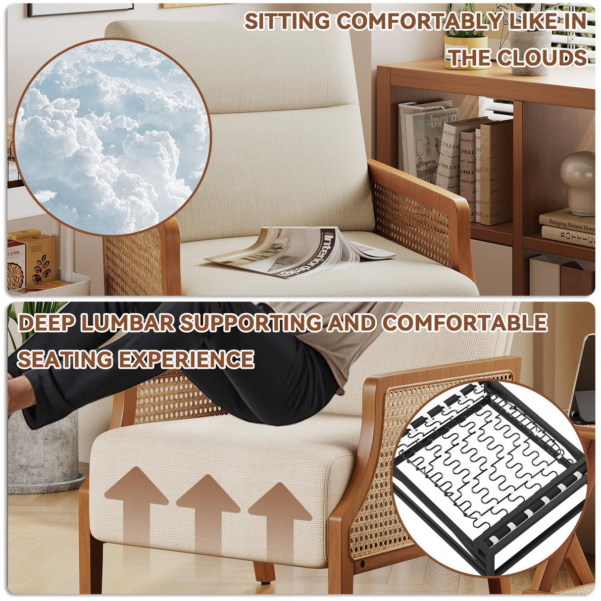 Aklaus Mid Century Accent Chair with Rattan Armrest, Upholstered Living Room Chairs Lounge Fabric Reading Chairs Side Sitting Farmhouse Chair for Living Room, Bedroom, Balcony, Beige Aklaus