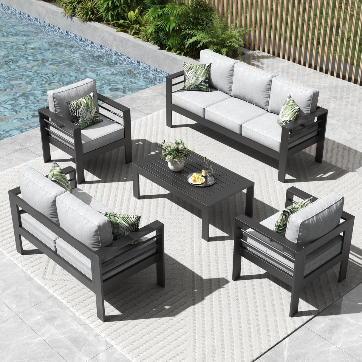 Vakollia 5 Pieces Modern Aluminum Patio Furniture Set, Outdoor Conversation Sets Metal Sectional Sofa with Coffee Table Vakollia