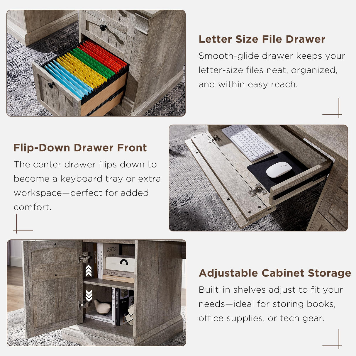 OKD 60" Executive Desk with Drawers, Farmhouse Home Office Desk with Charging Station, Keyboard Tray, File Cabinet Storage, Wood Computer Desk for Work and Study, Light Rustic Oak OKD