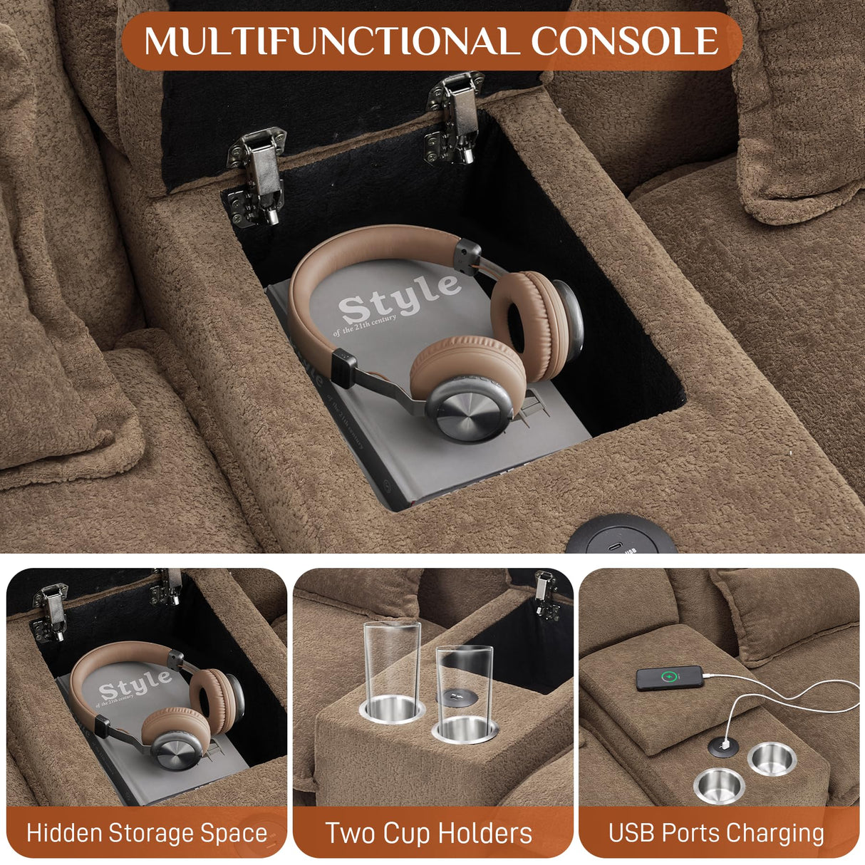 OUYESSIR U Shaped Cloud Sectional Couch, 124" Fluffy Modular Sofa Set with Double Chaise Lounge Central Console & USB Port, Comfy Chenille Big Sectional Couches for Living Room, Brown OUYESSIR