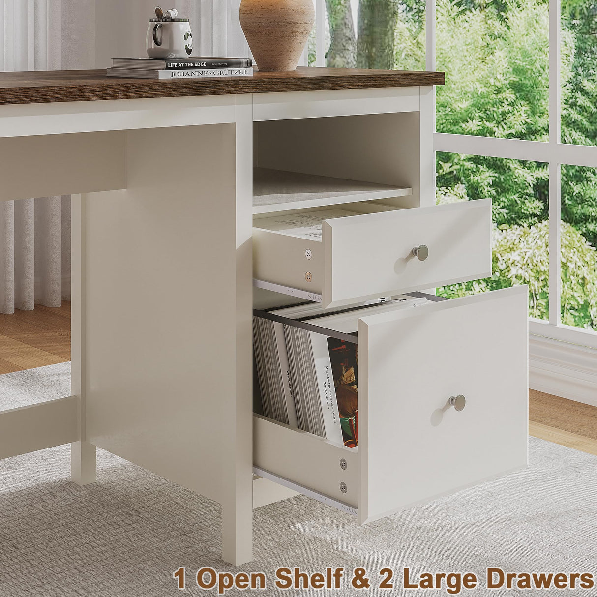 ChooChoo 47" Farmhouse Desk with Drawers, Wood Home Office Computer Desk with Charging Station, 2 Storage Drawers and Open Shelf, Writing Study Table Vanity Desk for Bedroom ChooChoo