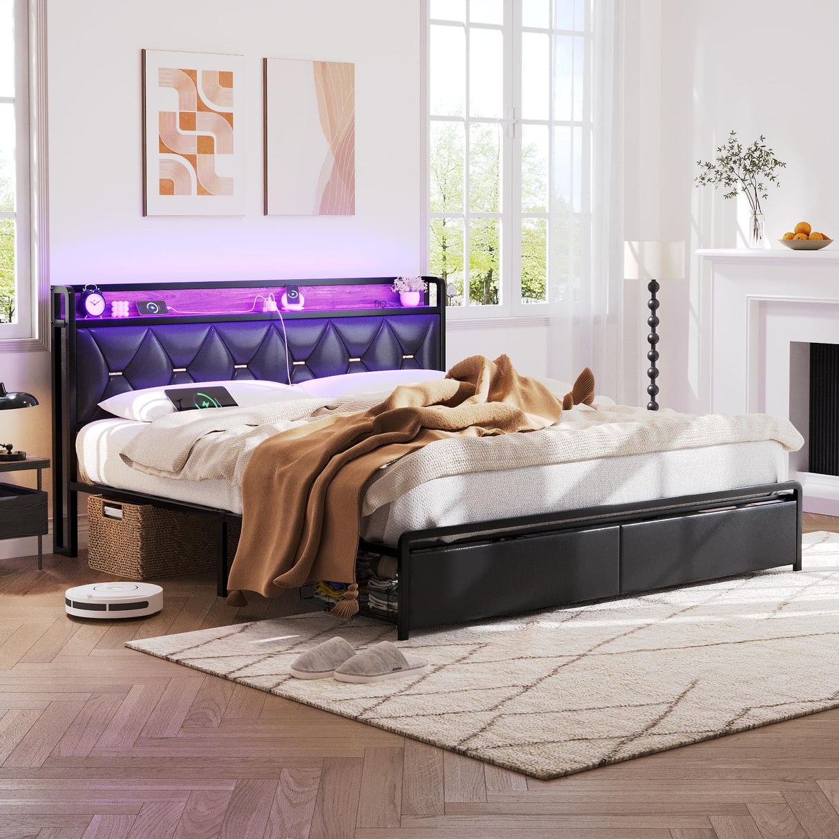 Ailisite King Size Upholstered Bed Frame with LED Headboard, Storage Drawers & Charging Station Ailisite