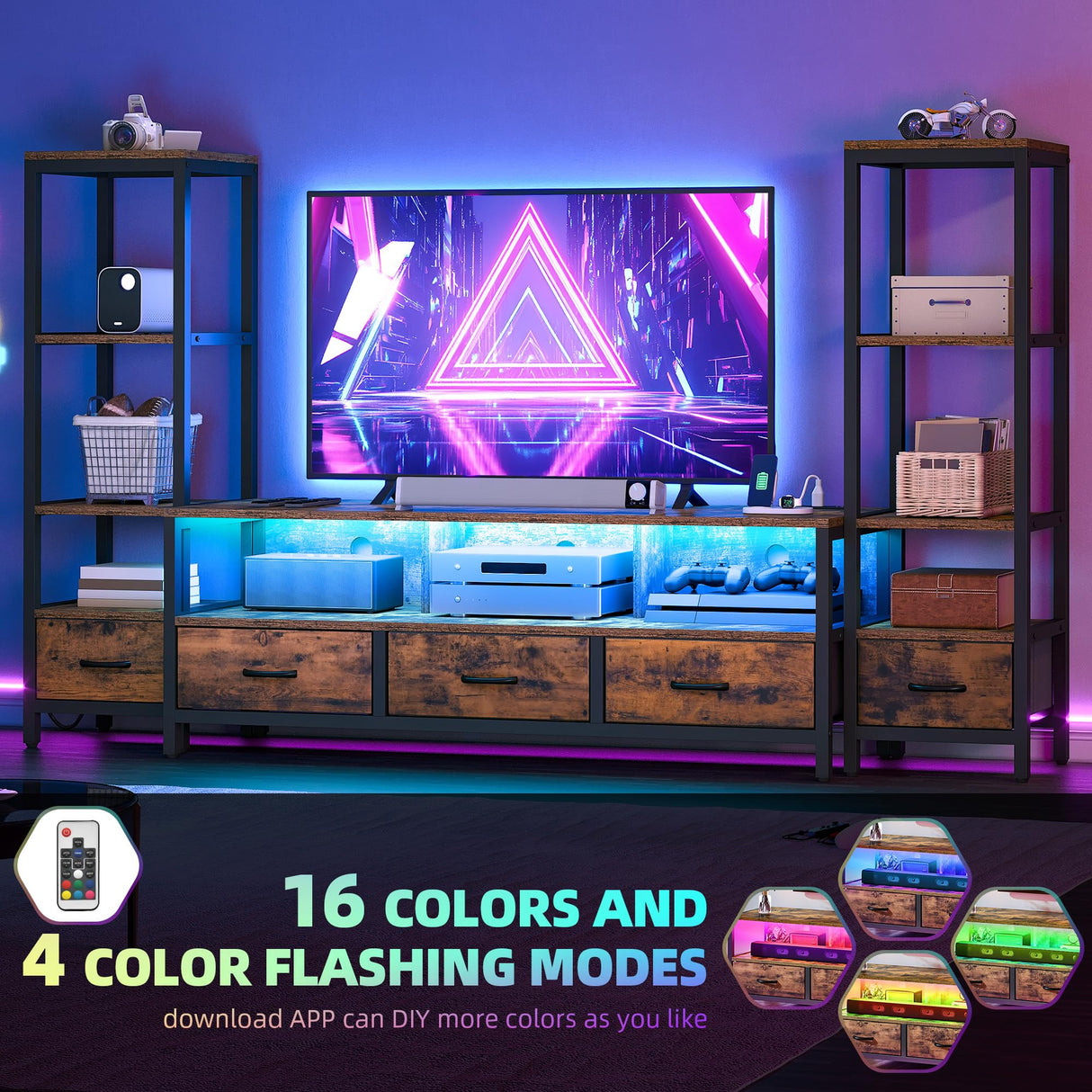 DWVO Entertainment Center with Bookshelves, LED TV Stand for 65/60 inch TV, Retro TV Stand for Living Room with 2 Industrial 4-Tier Bookshelves & Power Outlets,Rustic Brown DWVO