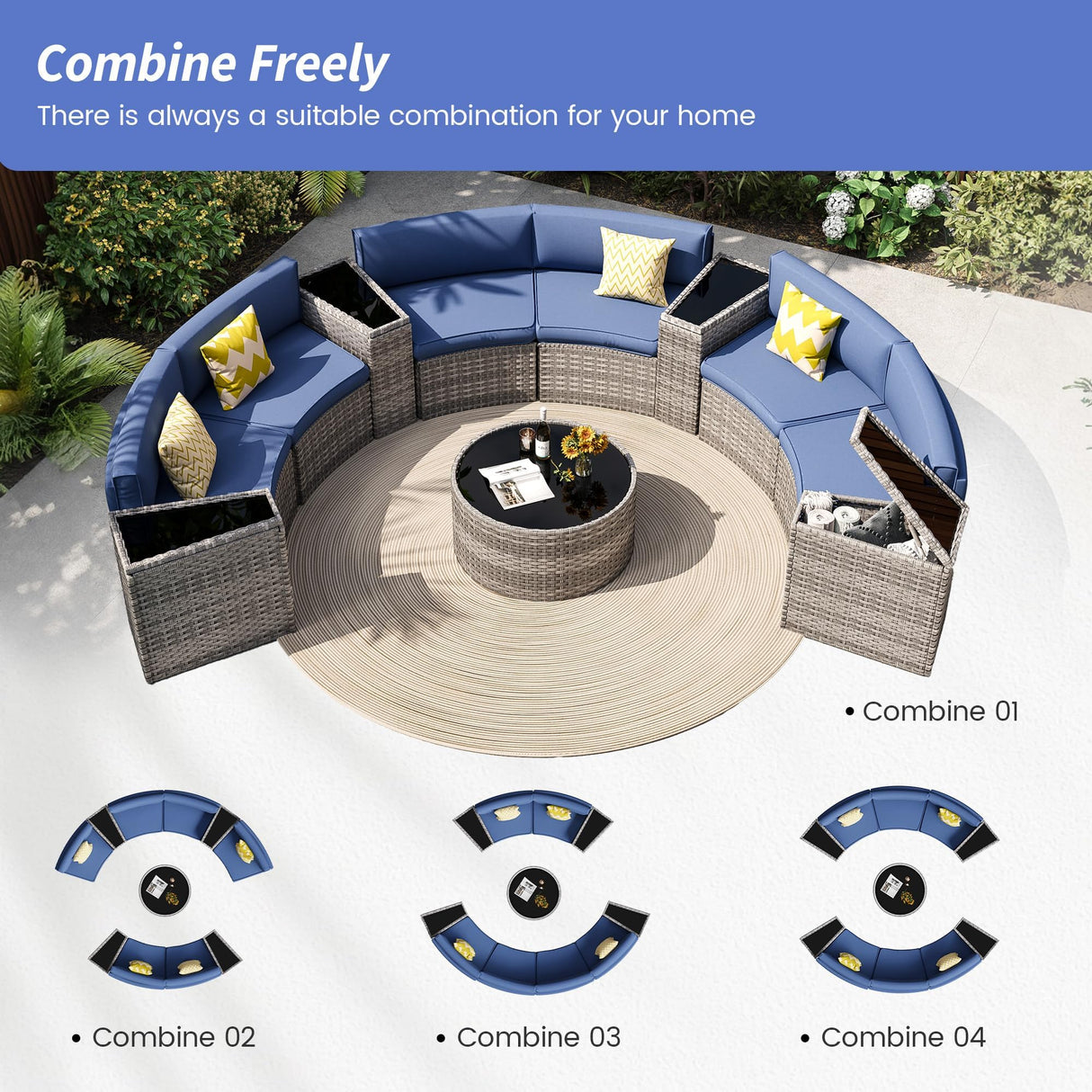 VONZOY Patio Sectional Furniture Outdoor 11-Piece Grey Rattan Curved Sofa Set with Storage Table, Pillows, Fit for Pool Backyard Balcony Porch Lawn (Navy) VONZOY