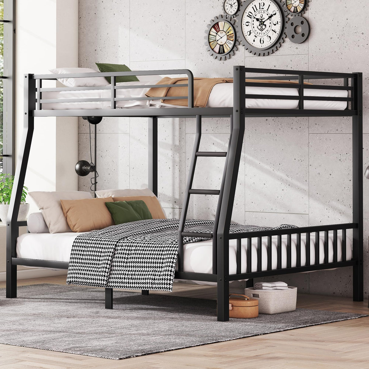 Full XL Over Queen Bunk Beds for Kids Teens Adults, Heavy-Duty Metal Bunk Bed Full Over Queen with Ladder and Slats Support for Boys Girls,Space-Saving,Noise Reduced,Black MoproBeti