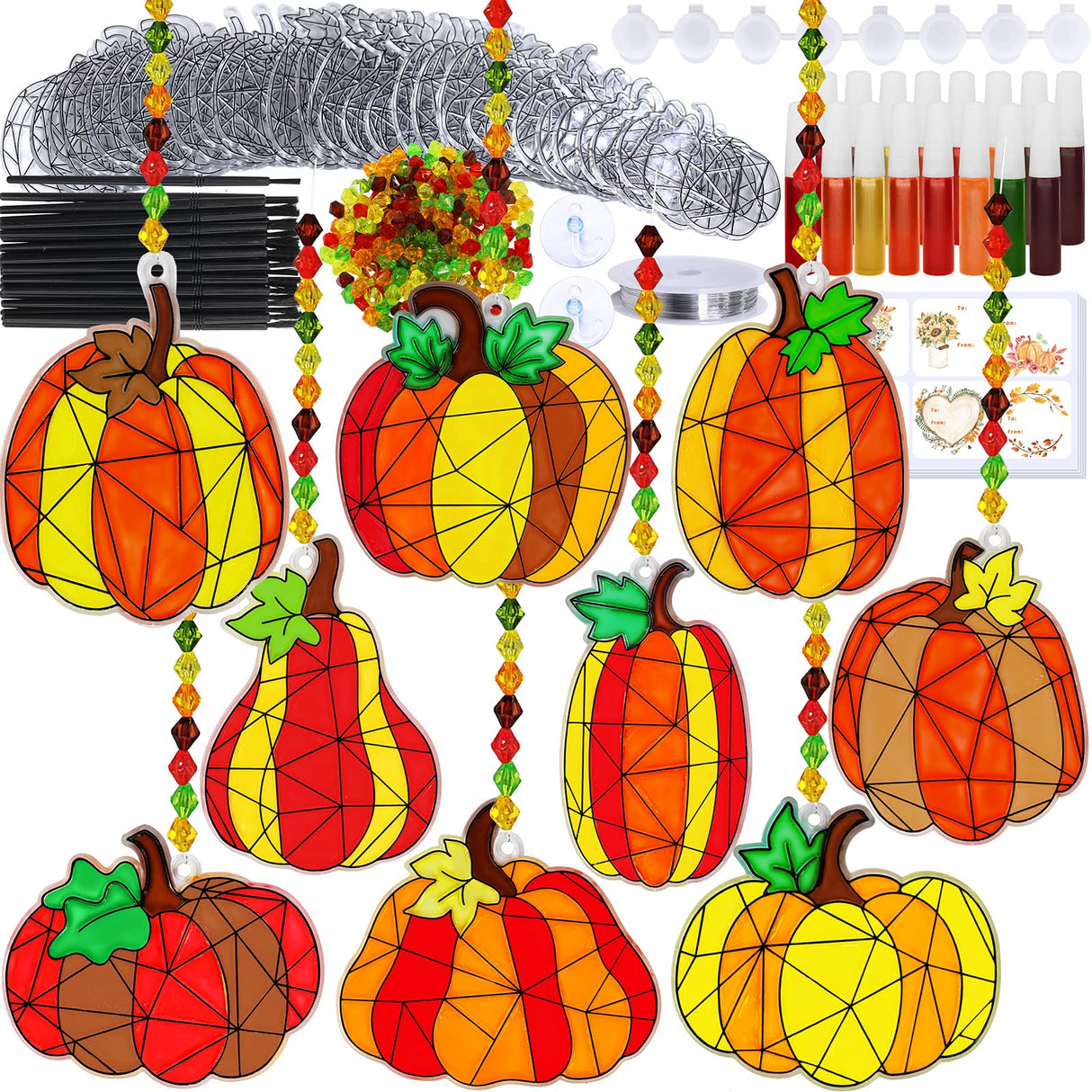 Winlyn 27 Sets Pumpkin Suncatchers DIY Window Paint Art Suncatchers Fall Pumpkin Craft Kits Autumn Pumpkin Sun Catchers for Kids Classroom Halloween Thanksgiving Art Activities Winlyn
