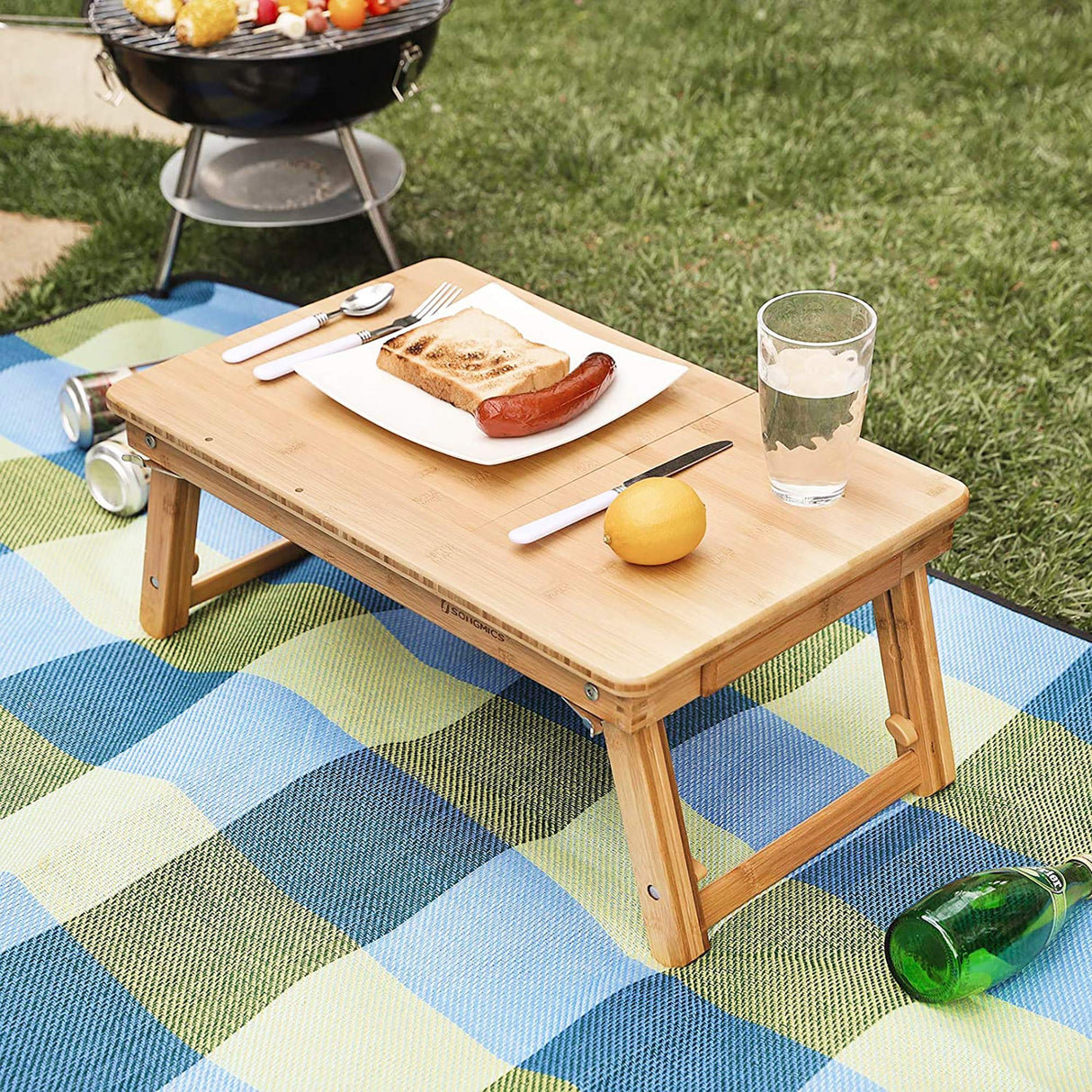 SONGMICS Laptop Desk, Folding Lap Tray, Bamboo Bed Desk with Tilting Top, Small Drawer, for Home Office, Bedroom, Natural ULLD01N SONGMICS