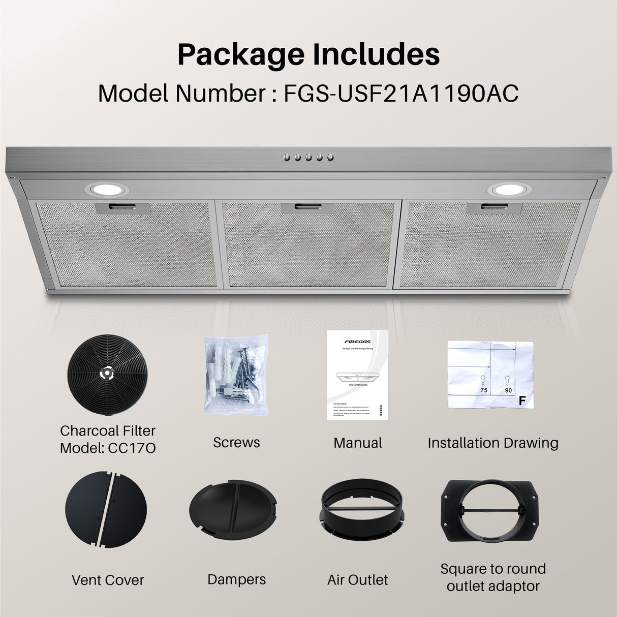 FIREGAS Range Hood 36 Inch Under Cabinet, Ducted/Ductless Convertible Kitchen Hood with 3 Speed Exhaust Fan, 300 CFM, LED Lights, Stainless Steel Vent Hood for Kitchen FIREGAS