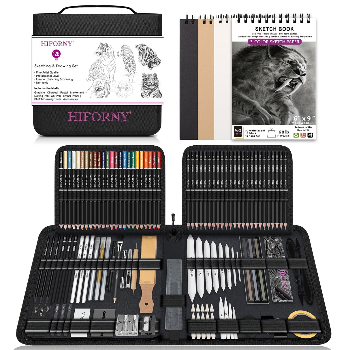 HIFORNY 126 PCS Drawing Kit Sketching Pencil Set,Sketch Pencils Art Supplies with 3-Color Sketchbook,Graphite,Charcoal,Blending Tools,Drawing Pencils for Adults Artists in Zipper Case HIFORNY