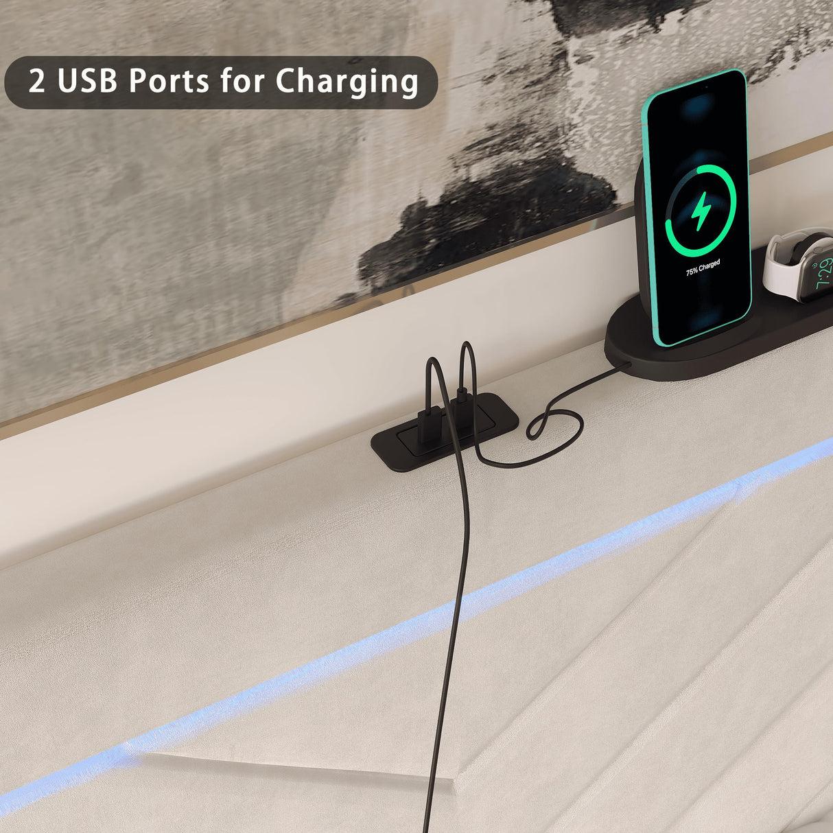 Fastroby King Size Bed Frame with Adjustable Headboard and 2 Storage Drawers, Upholstered Bed Frame King with RGB LED Light and Charging Station, Easy Assembly, No Box Spring Needed, Off White Fastroby