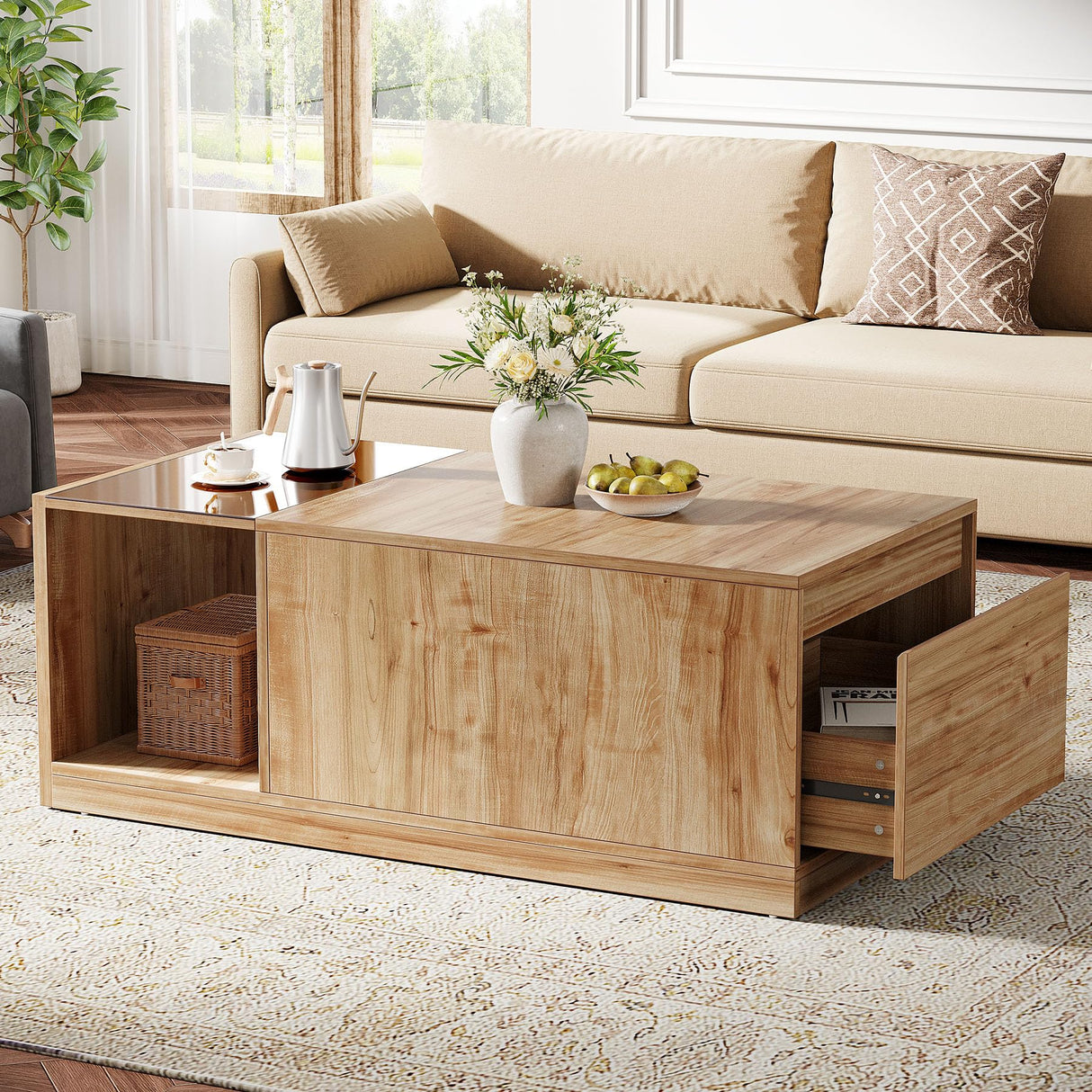 Tribesigns 47.24-Inch Coffee Table with Drawer & Storage Shelf, Farmhouse Coffee Table with Tawny Glass, Wood Center Table for Living Room, Modern Home Furniture, Brown & Tawny Tribesigns