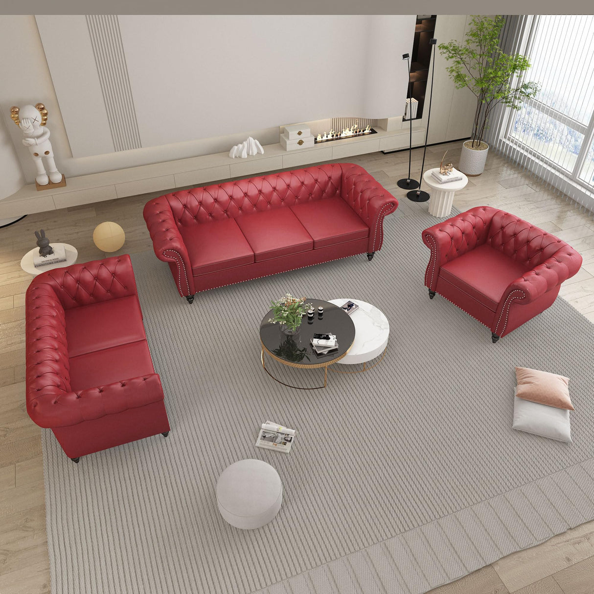 RUSTYER Chesterfield 3 Seater Sofa, Modern Leather Tufted Couch 3 Seater with Rolled Arms and Nailhead Mid-Century Upholstered Couch for Living Room, Bedroom, Apartment and Office, Claret RUSTYER