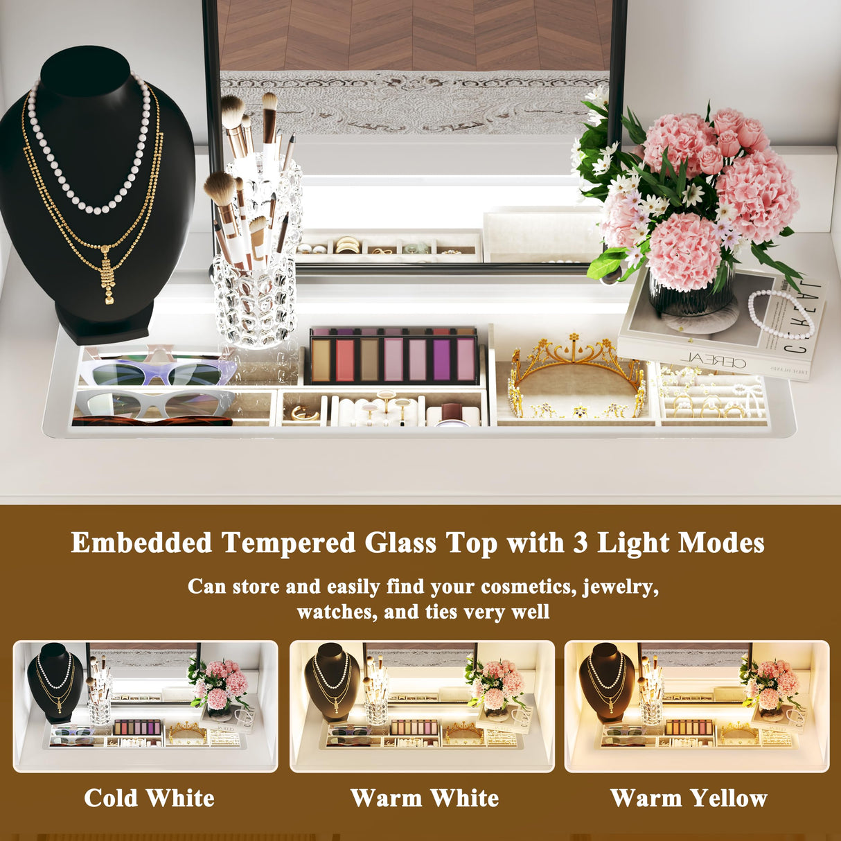 Closet System, 4-8FT Closet Organizer with 3 Wood Drawers & Glass Top, 102'' Walk in Closet with 5 Hang Rods & LED Lights & Trouser Rack, Built-in Wardrobe Clothes Rack with Shelves and Tower, White HUAHUU