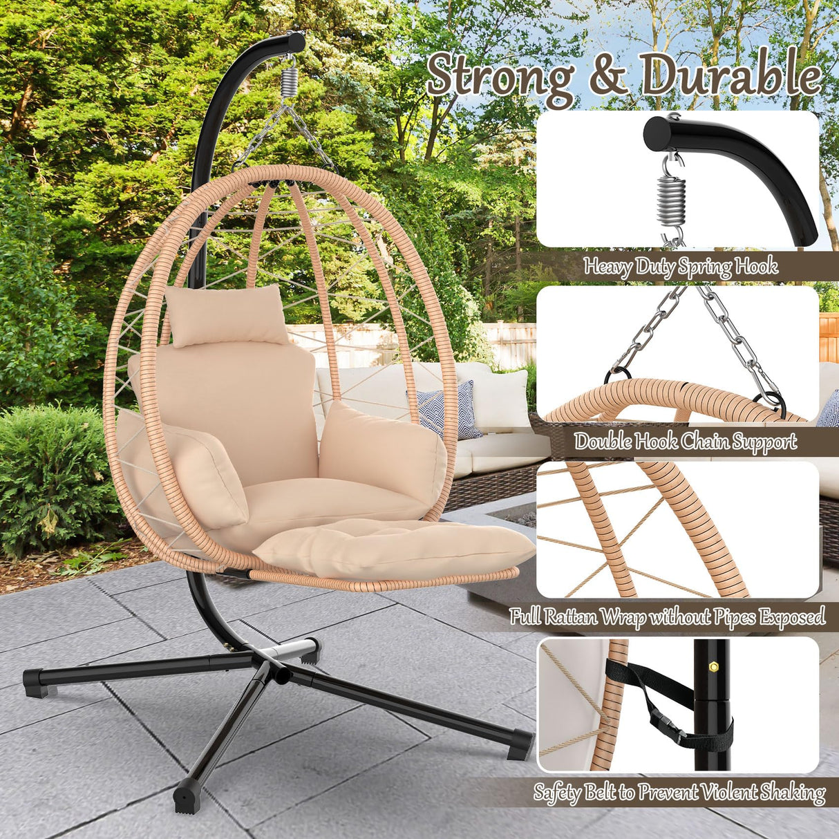 ZENPETIO Hanging Egg Chair with Stand, Removable Leg Rest, UV Resistant Cushion & Pillow, 370lbs Capacity – Indoor & Outdoor Use, Rattan Wicker Swing Egg Chair for Patio, Bedroom, Balcony, Brown ZENPETIO