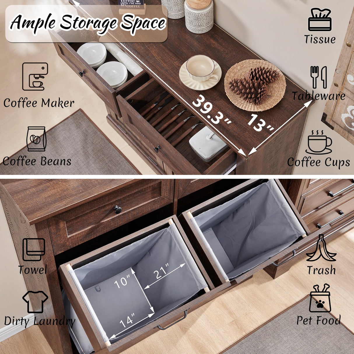 IFBUY Double Tilt Out Laundry Hamper Cabinet, 20 Gallon Farmhouse Trash Can Cabinet with Drawer, Hidden Wood Garbage Can Bin Cabinet with Laundry Storage Basket for Bathroom, Kitchen, Brown IFBUY