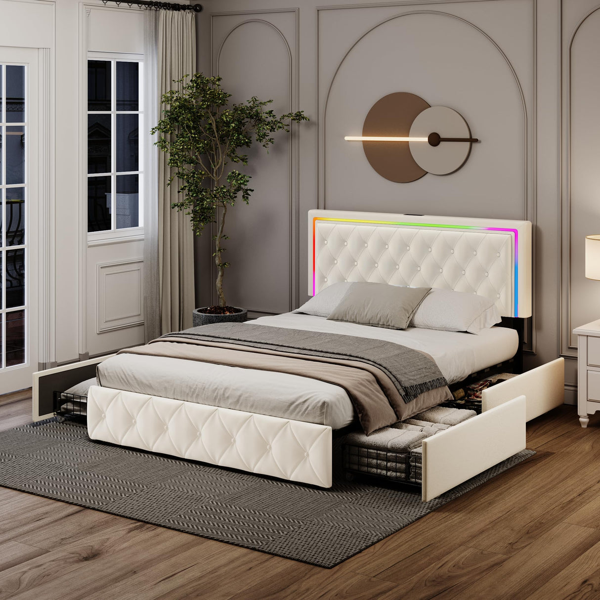 Elegant White Queen Bed Frame with LED Headboard, Storage Drawers, and Fast Charging Station XEPAMU