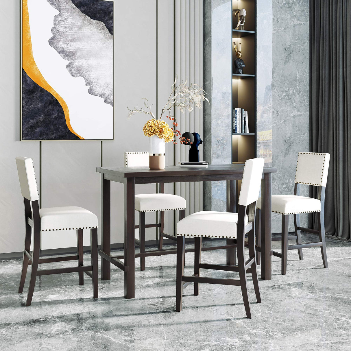Merax 5 Piece Dining Table Set for 4,Counter Height Kitchen Table Set with One Rectangle Table and 4 Cushioned Chairs for 4 Persons Dining Room Table Set for Small Place Merax