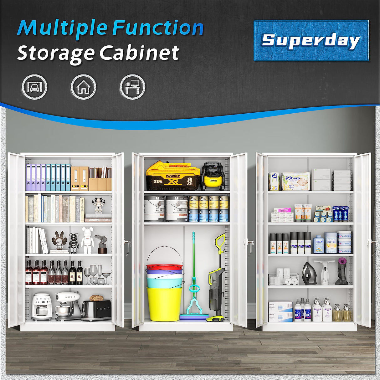 Superday 71" Lockable Steel Storage Cabinet, Locking Metal Storage Cabinets, Tall White Cabinet with 2 Doors and 4 Adjustable Shelves for Garage, Superday