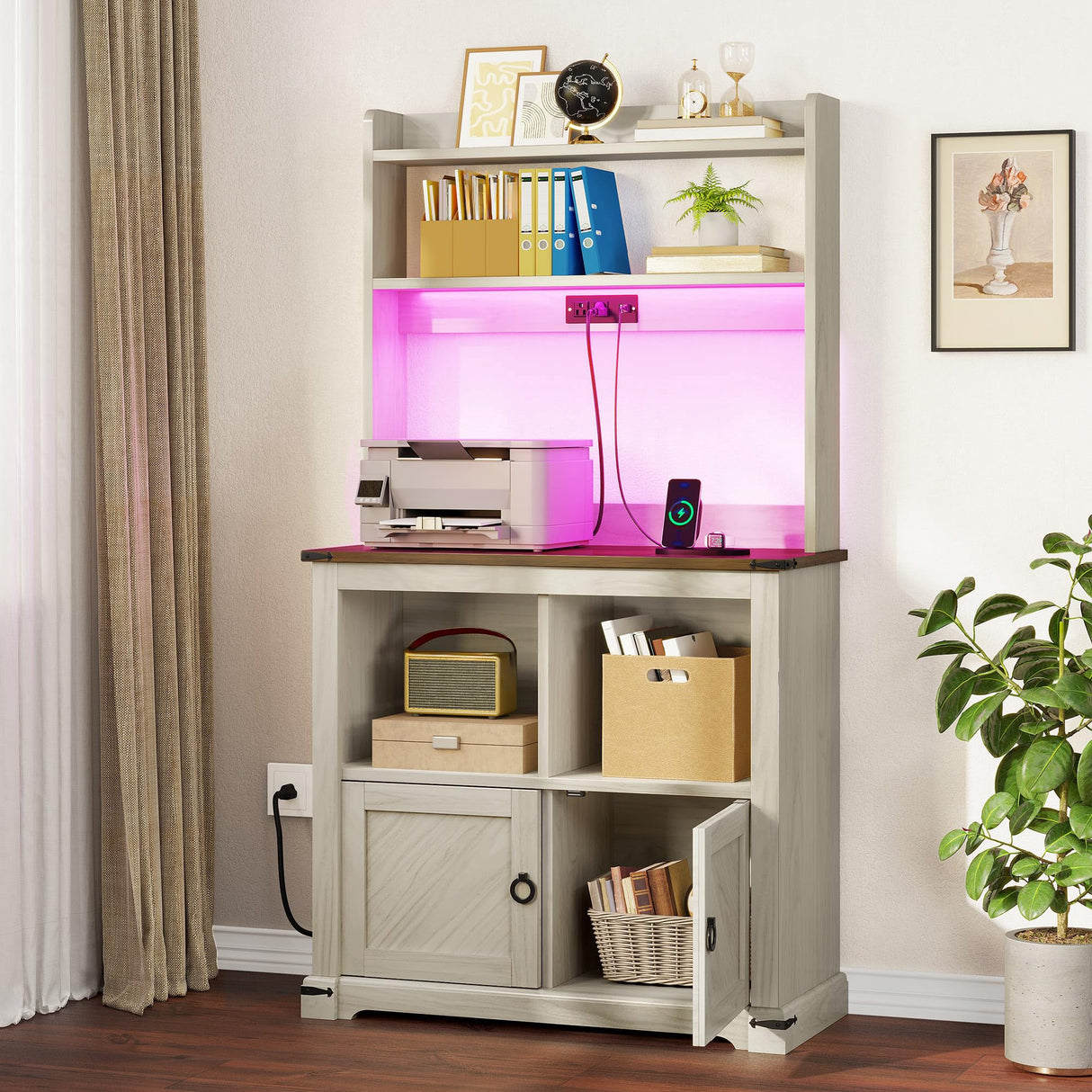 YITAHOME Bakers Rack Cabinet, Microwave Stand with Power Outlet & RGB LED Lights, Farmhouse Coffee Bar Station with Storage, 5-Tier Kitchen Pantry Hutch for Dining Living Room,White Walnut Grain YITAHOME