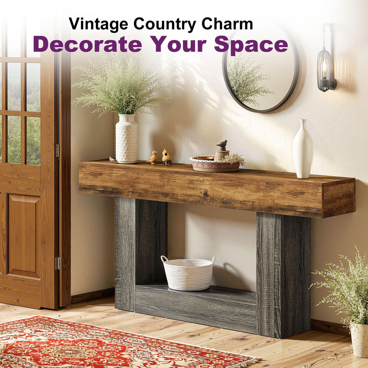 HIGREENA 63 Inch Entryway Table, 2-Tier Farmhouse Wooden Rectangular Console Sofa Table for Living Room, Hallway, Foyer Accent Table Behind Couch with U-Shaped Base - Brown & Grey HIGREENA