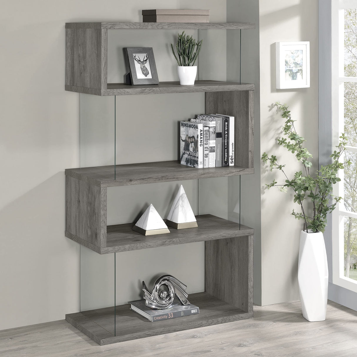Coaster Home Furnishings Emelle 4-Shelf Bookcase with Glass Panels Grey Driftwood Coaster Home Furnishings