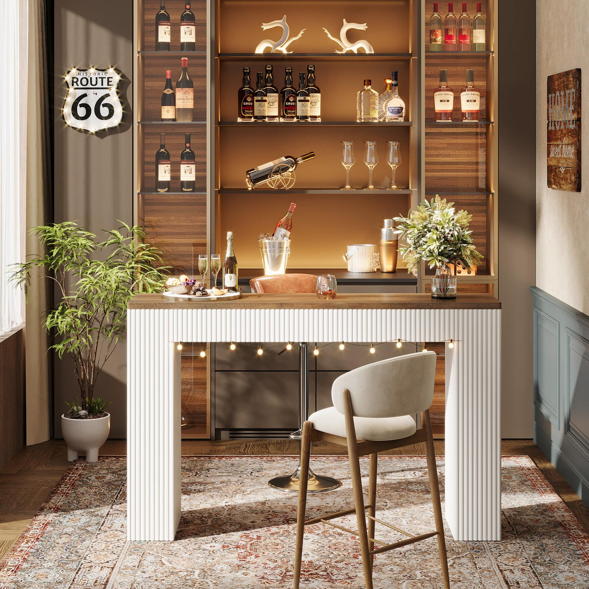 Tribesigns Bar Table, Narrow Bar Height Table with Long Wooden Tabletop, 63" Modern Tall Kitchen Bar Table with White Wave Legs for Pub, Dining Room, Balcony, Rustic Brown & White Tribesigns