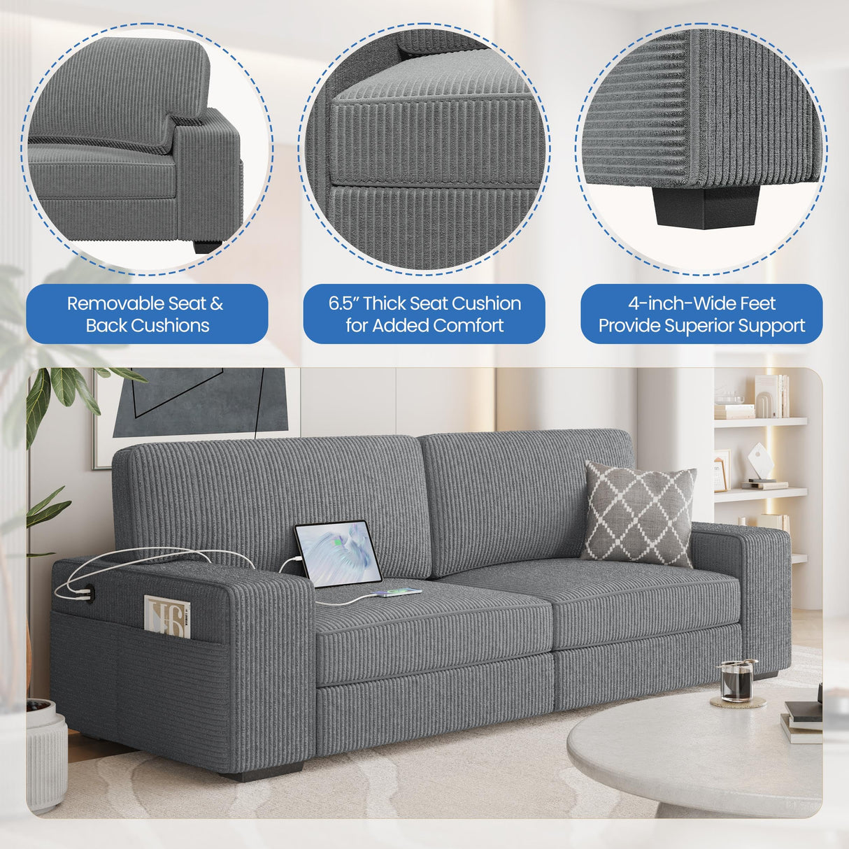 Yaheetech 83.5" W Modern Sofa Couch Corduroy Fabric Sofa with USB Charging Ports & Side Storage Pockets for Living Room Apartment, Dark Gray Yaheetech