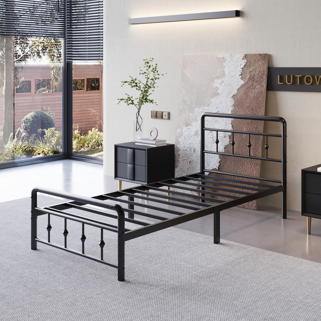 Lutown-Teen 12 Inch Twin XL Bed Frames with Victorian Vintage Headboard and Footboard, No Box Spring Needed, Heavy Duty Metal Mattress Foundation, Noise Free, Easy Assembly, Black Lutown-Teen