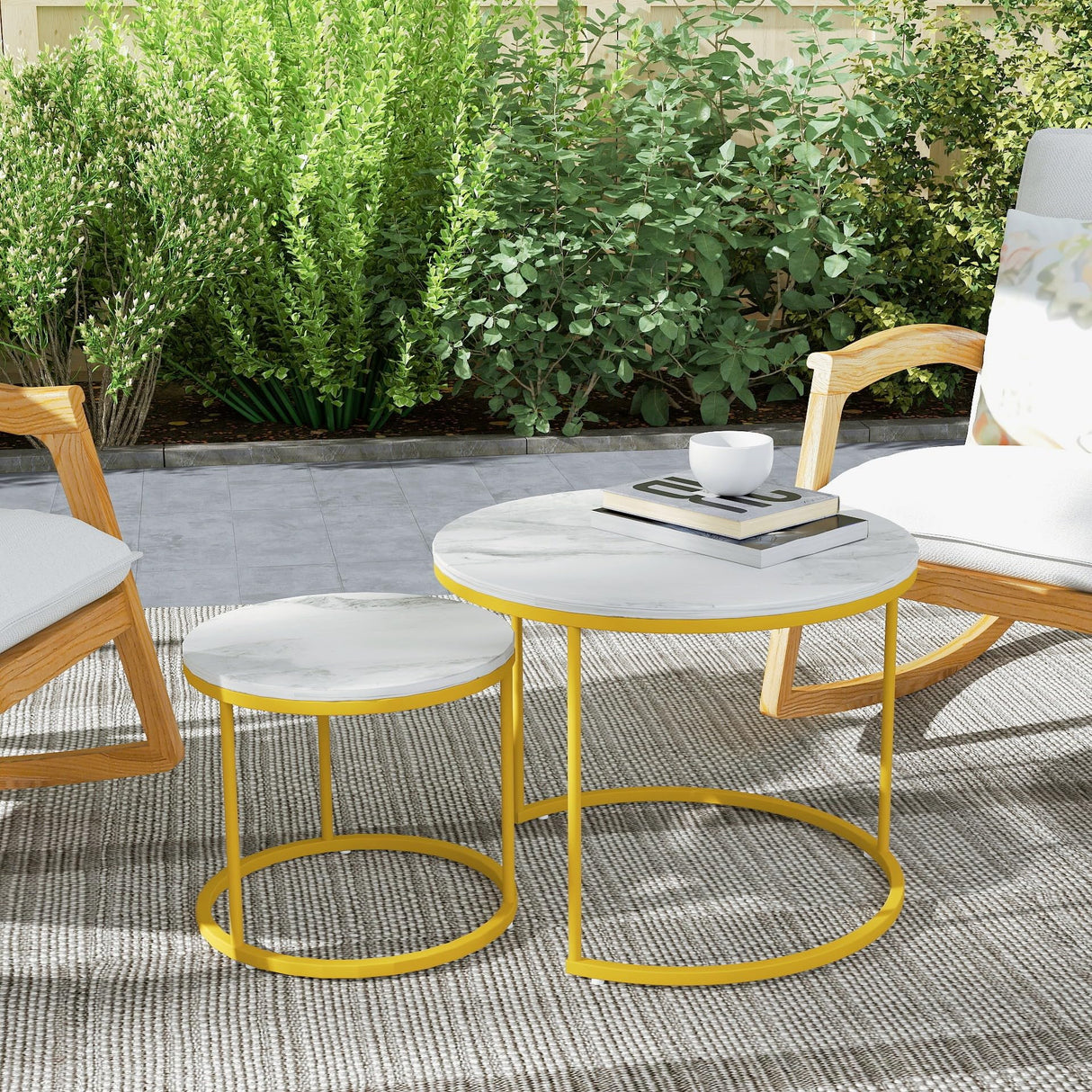 Round Nesting Coffee Tables Set: White Gold Marble Nesting Coffee Table Set of 2 - Modern Metal Stacking Side Table for Living Room Small Spaces Paradmas