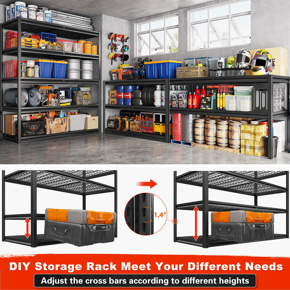 REIBII 55.2'' W x 78.2'' H x 26'' D, 5-Tier Metal Garage Shelving Units, 3000LBS Capacity, Adjustable Heavy Duty Shelves, 2 Pack REIBII
