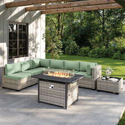 Muphyers 8-Piece Outdoor Patio Furniture Set with 55,000 BTU Fire Pit Table, PE Wicker Rattan Sectional Sofa Conversation Set - All-Weather Garden, Backyard Furniture, Light Green