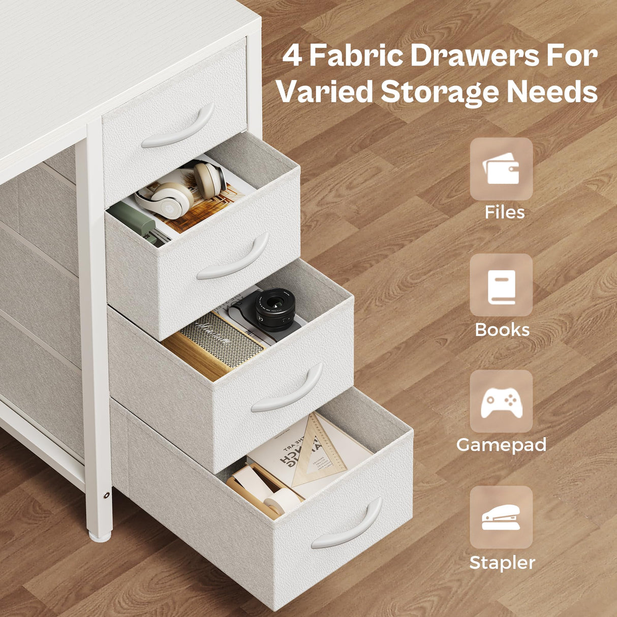 Huuger 47 inch Computer Desk with 4 Drawers, Gaming Desk with LED Lights & Power Outlets, Home Office Desk with Large Storage Space for Bedroom, Work from Home, White Huuger