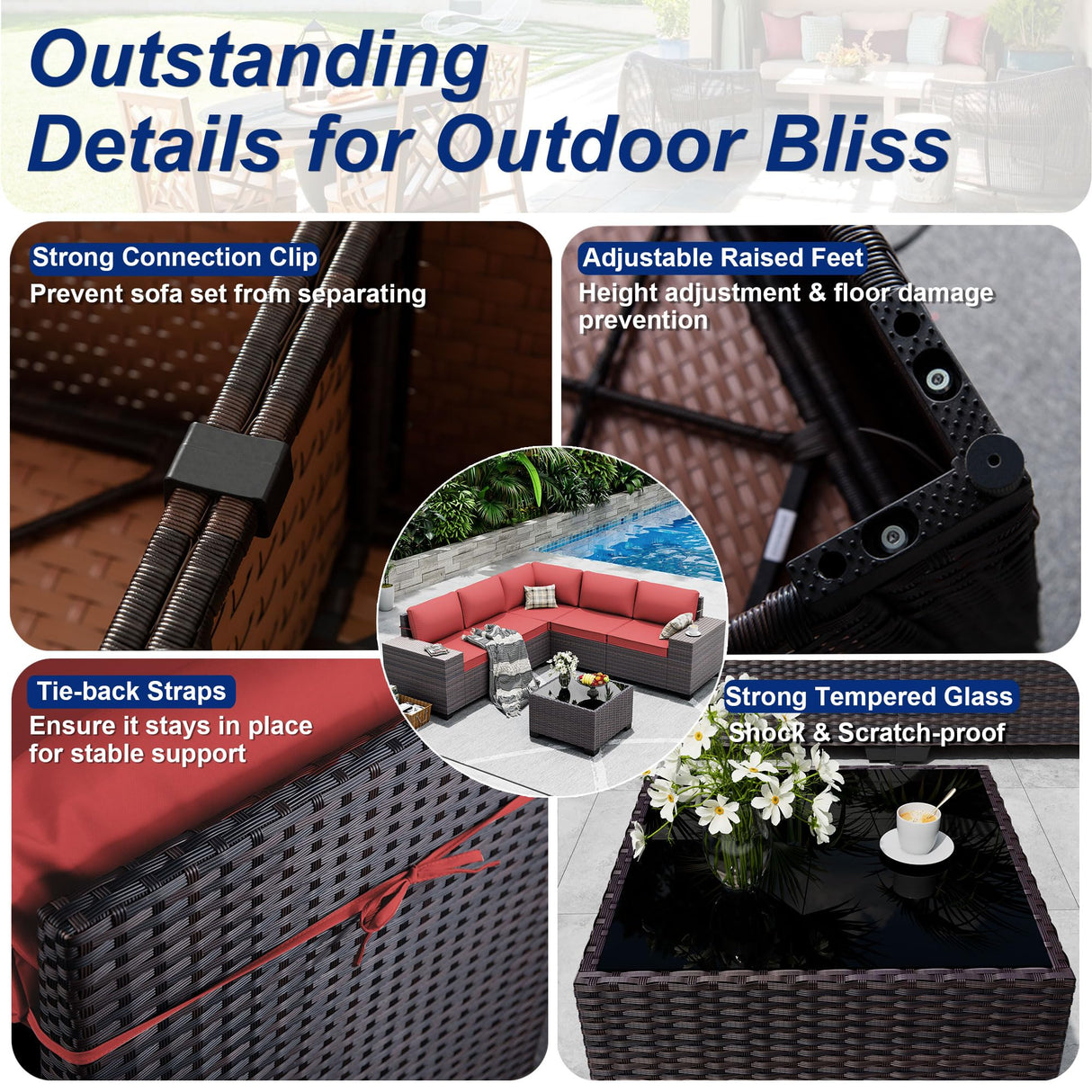 ASJMR 9 Pieces Patio Furniture Set with 2 Swivel Chairs Patio Furniture Outdoor Sectional Sofas Outdoor Patio Conversation Set - Red ASJMR